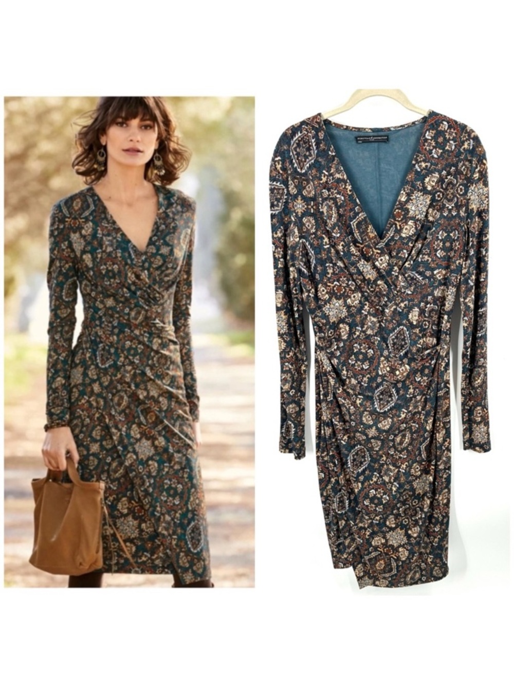 Peruvian Connection Ariana Dress Womens Medium Faux Wrap Stretch Midi Persian